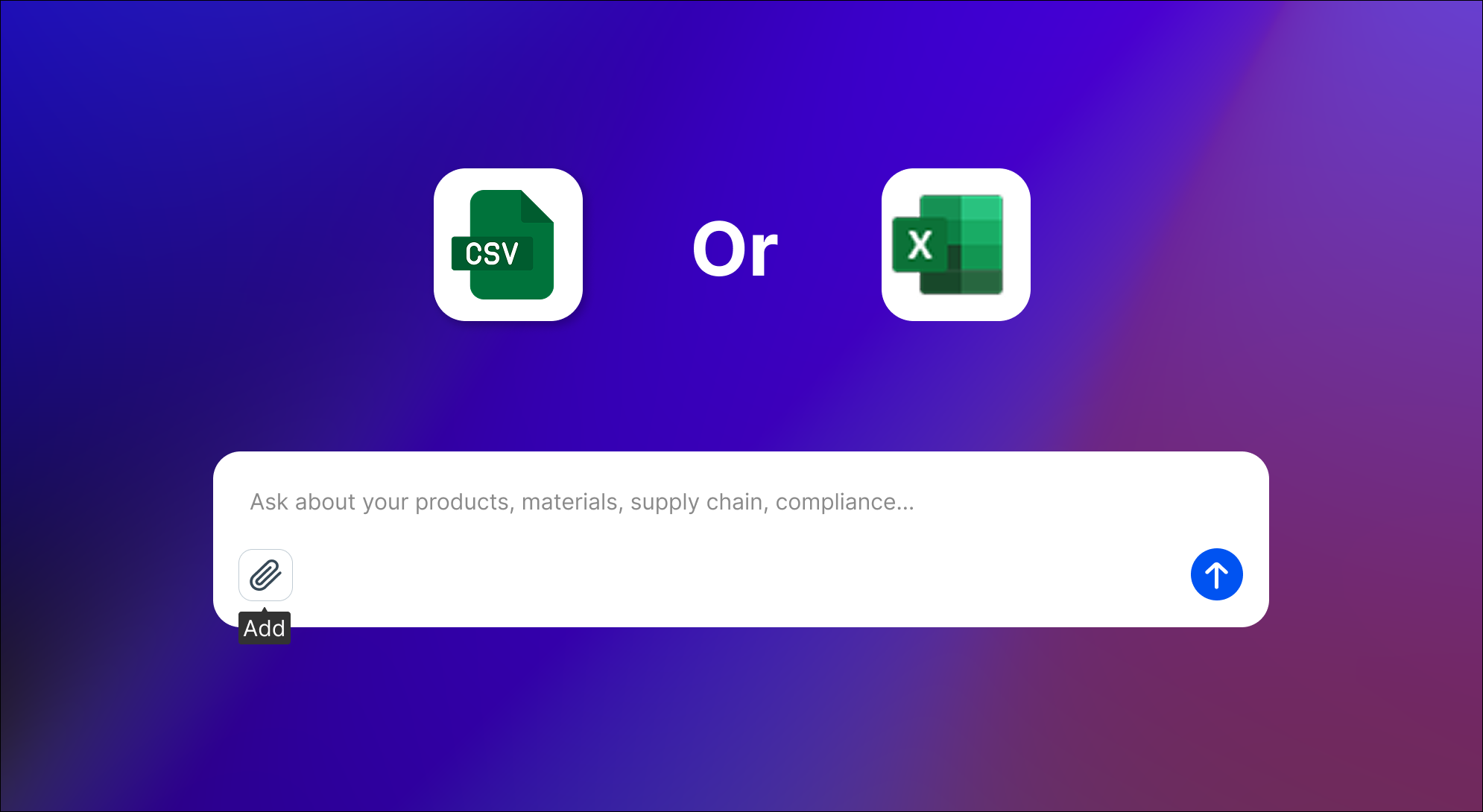 The NormaTrack AI chat input with a paperclip attach button, accepting CSV or Excel files directly in the conversation