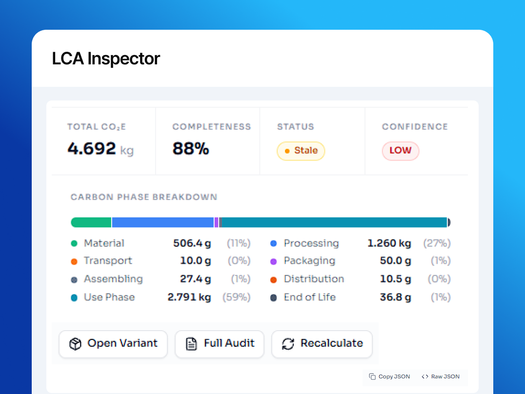 NormaTrack LCA Engine showing carbon footprint results with contribution breakdown