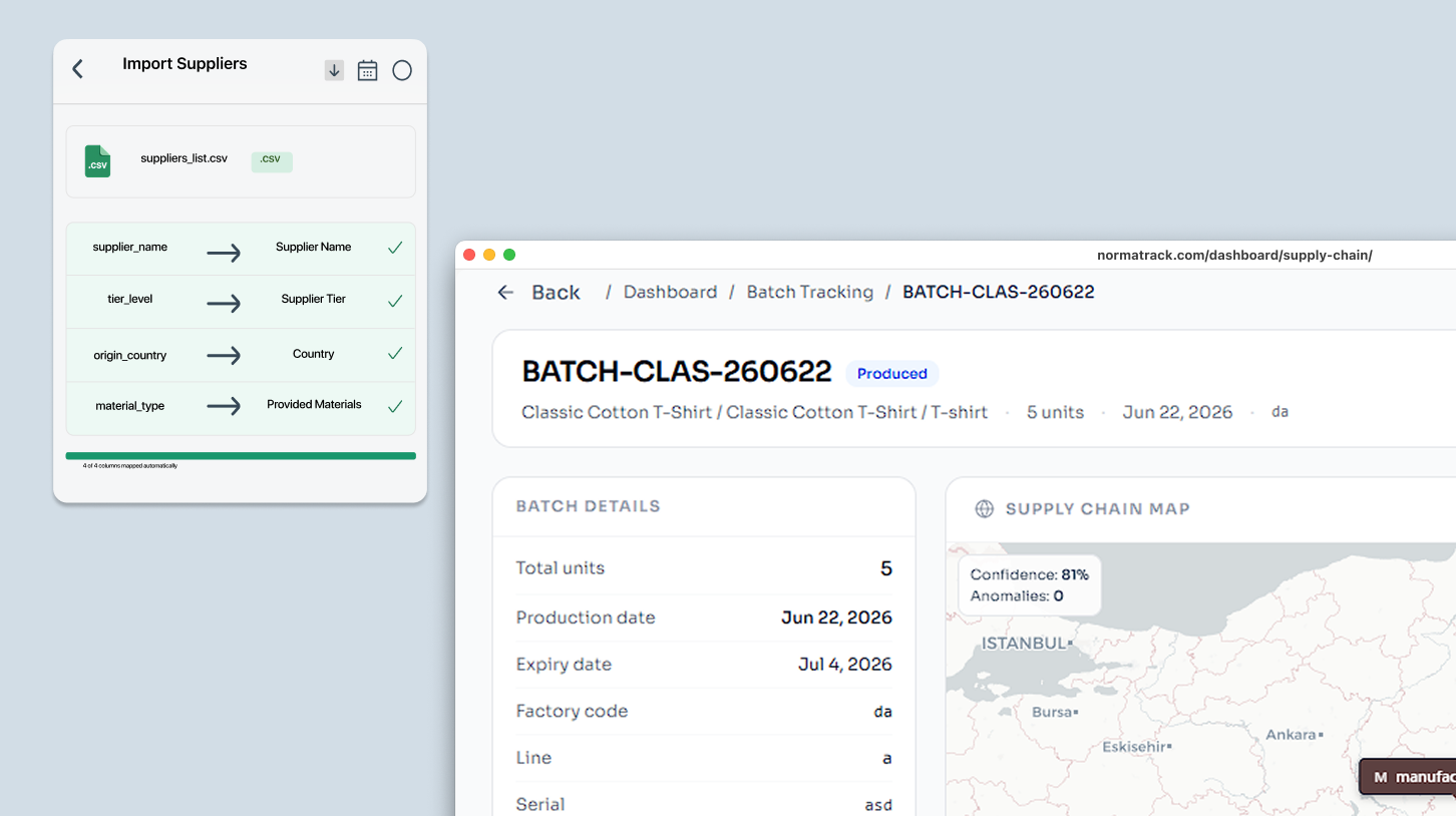 NormaTrack supplier import screen with CSV upload and validation
