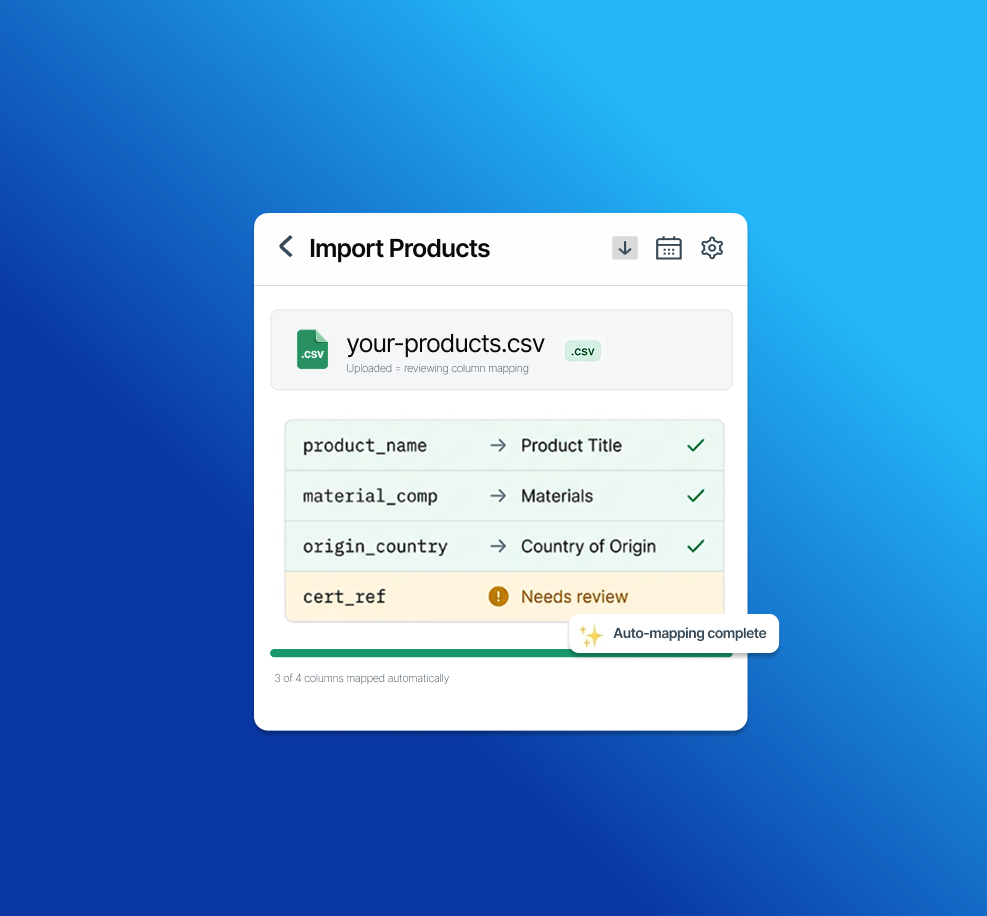 NormaTrack CSV import showing automatic column mapping for product_name, material_comp, and origin_country