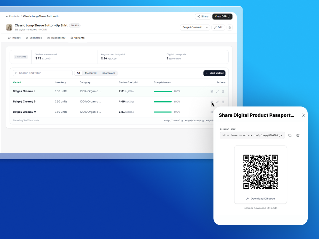NormaTrack DPP output showing QR code generation and structured data export